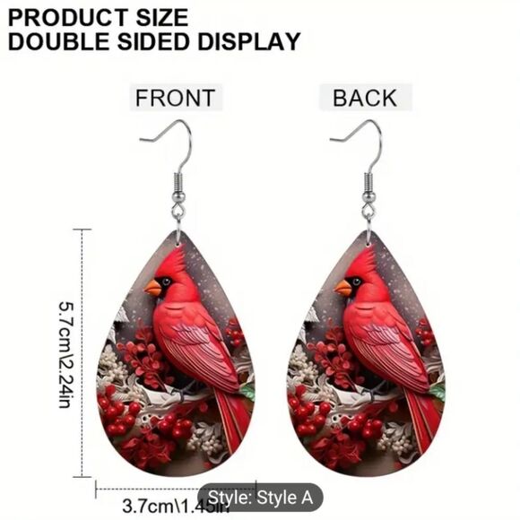 Christmas earrings cardinal dangle teardrop Pu leather New e66 - Picture 3 of 3